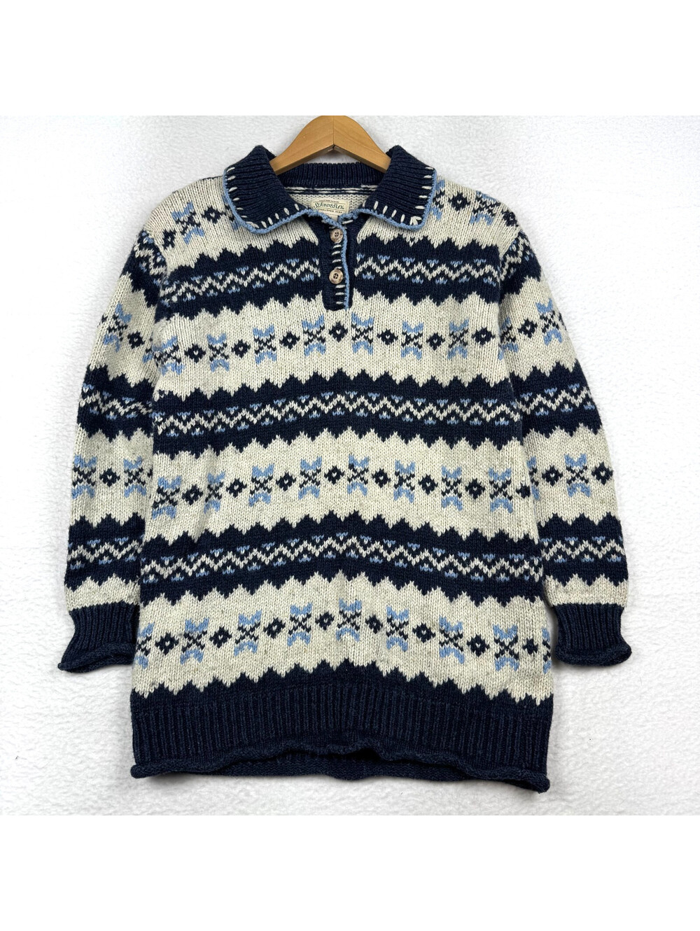 Vintage 90s St Johns Bay Womens Small Fair isle Sweater Collared Knit Wool Blend